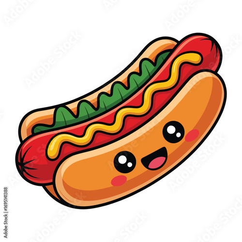 A cute cartoon hotdog with a smiling face, complete with mustard and relish, perfect for foodrelated designs and illustrations