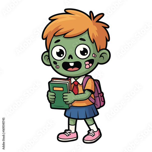 Cartoon zombie girl with a book cute undead schoolgirl with green skin, orange hair, and school uniform, perfect for halloween or horror themed designs