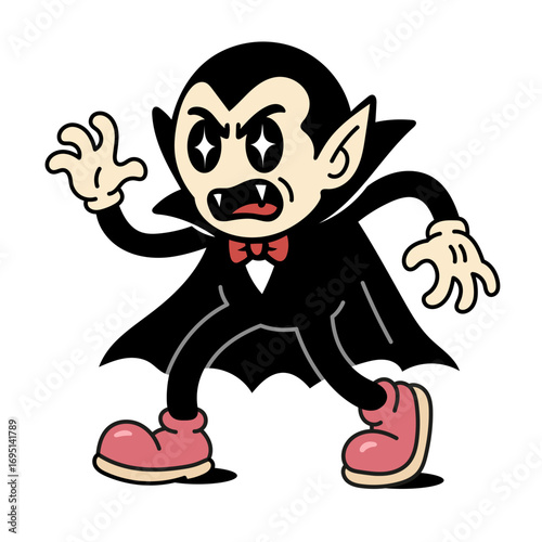 A Classic Cartoon Vampire Character in a Playful Pose, Featuring Iconic Traits Like Fangs, Cape, and Distinctive Shoes, Perfect for Spooky Themes and Halloween Fun