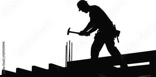Silhouette of construction worker hammering on building framework, industrial labor scene, construction site safety, hard hat equipment, urban development