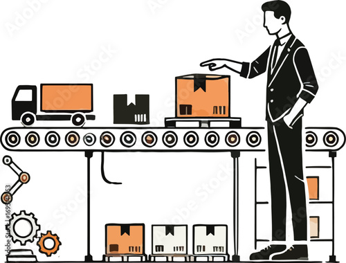 Man Supervising Orange and White Box Conveyor Belt System