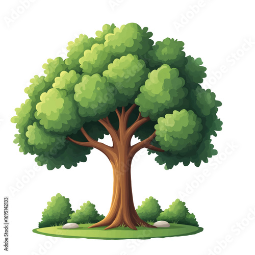 A tall tree with lush foliage on the lawn. Vector illustration. A forest tree with a curved trunk and a large crown, isolated on a white background