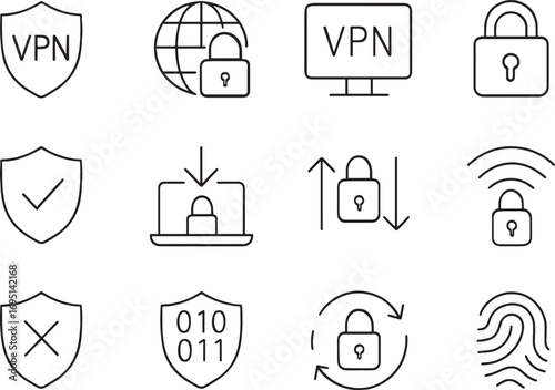 VPN security and internet privacy icons with shields and locks Keywords: VPN, virtual private network