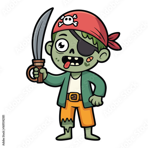 A cartoon zombie pirate holding a sword he has green skin, is wearing a bandana and eye patch, and has a missing tooth
