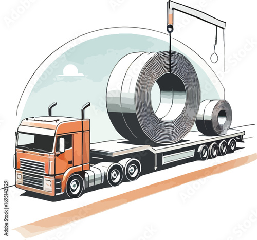 Orange Truck Hauling Large Metal Coils on Flatbed Trailer