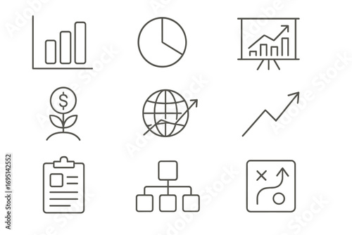 Business Analytics and Strategy Icons Set – Growth, Global Market, Statistics, Planning