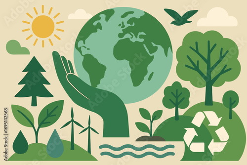 Eco Friendly Concept Illustration – Sustainability, Renewable Energy, Recycling, Green Planet