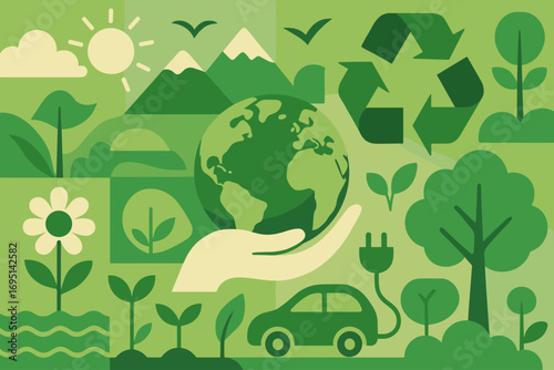 Eco Friendly Concept Illustration – Sustainability, Renewable Energy, Recycling, Green Planet