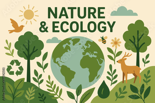 Eco Friendly Concept Illustration – Sustainability, Renewable Energy, Recycling, Green Planet