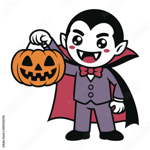 Cute cartoon vampire holding a jackolantern, perfect for halloweenthemed designs, invitations, and decorations with a spooky charm