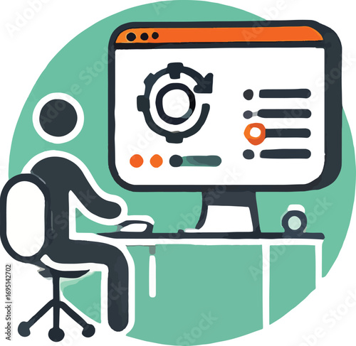 Person Sitting at Desk Using Computer with System Update Interface