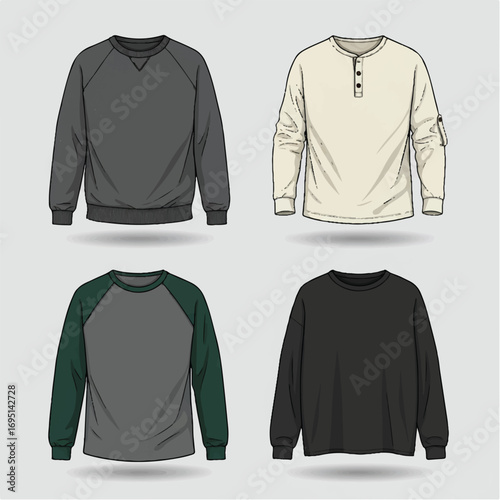 Collection of stylish men's long-sleeved sweaters, including crewneck, henley, and raglan styles for modern wardrobes