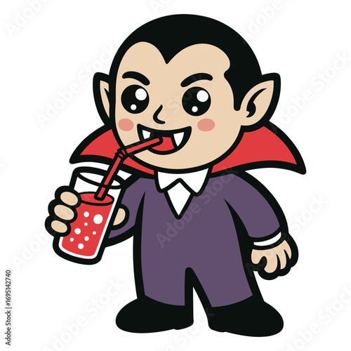Illustration of a cute vampire drinking juice a cartoon character dressed in a vampire costume enjoying a refreshing drink