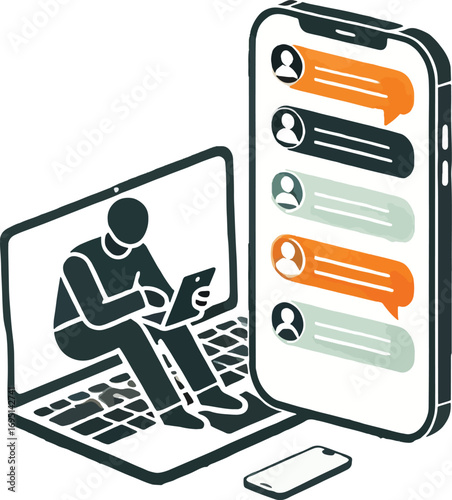 Person using laptop and smartphone with online messaging