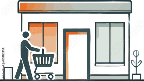 Person with Shopping Cart Entering Small Store Building Orange and Gray Watercolor Style