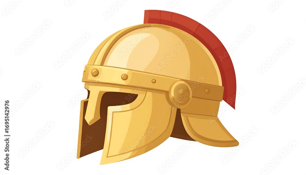 Fototapeta premium A detailed illustration of a golden spartan helmet, angled to display its intricate design and red plume.
