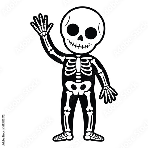 A cheerful skeleton waving its hand, this spooky yet friendly character is perfect for halloween or any fun, bonechilling occasion