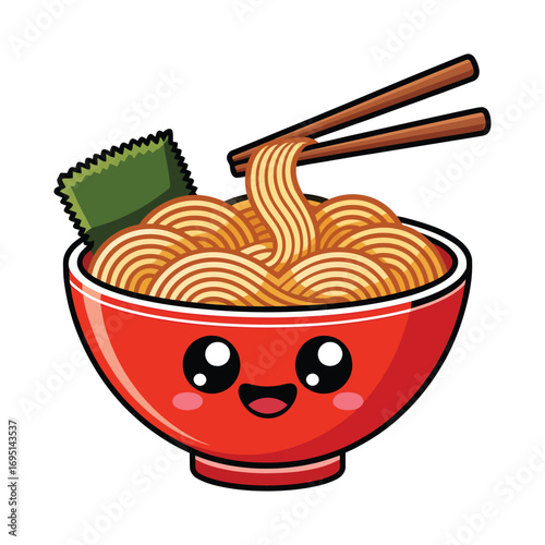 Cute kawaii ramen bowl with seaweed and chopsticks asian noodle soup with smiling face, perfect for stickers and prints