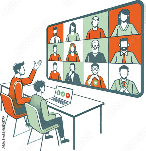 Two People in Orange and Green Attend Online Meeting with Large Screen Showing Multiple Participants