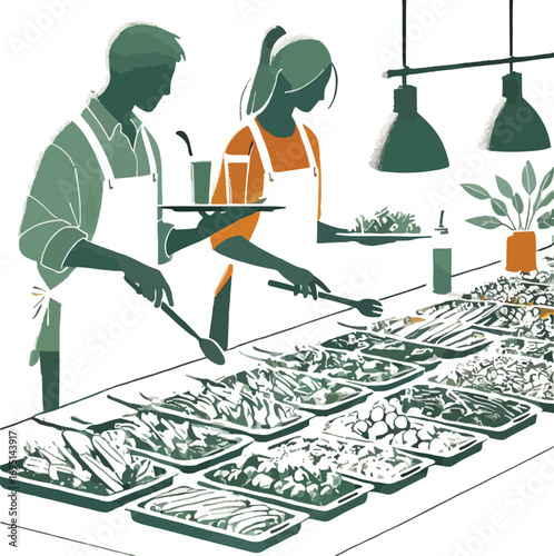 Two Servers Serving Food at a Salad Bar Green and Orange Tones