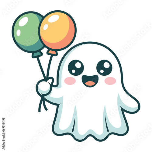Charming ghost holding balloons whimsical halloween character with big eyes and rosy cheeks, perfect for festive designs