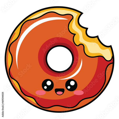 Cute donut with a bite taken out of it the donut has a sweet face with big eyes and a happy smile, perfect for a fun design