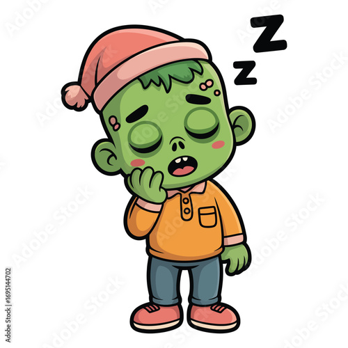 Cartoon zombie boy with green skin, wearing a nightcap, sleeping, he is dreaming of brains and coffins