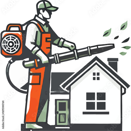 Worker using leaf blower cleaning house roof cleaning