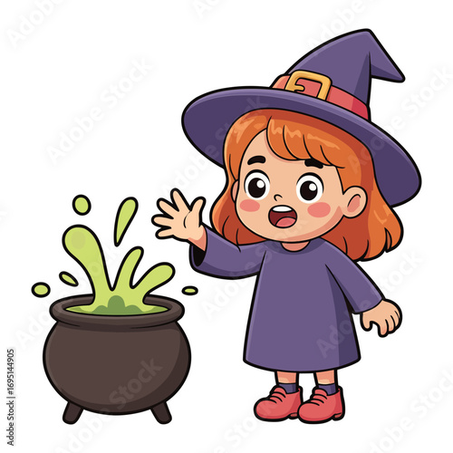 A cute cartoon witch girl in a purple dress and hat is stirring a green potion in a black cauldron, she is smiling happily