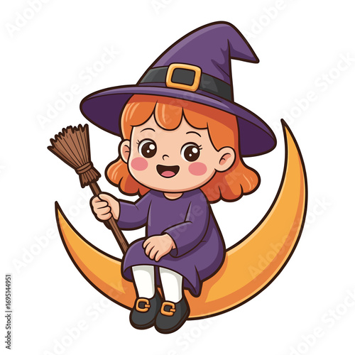 A cute cartoon witch girl in a purple dress and hat is sitting on a crescent moon with a broom, she is smiling happily