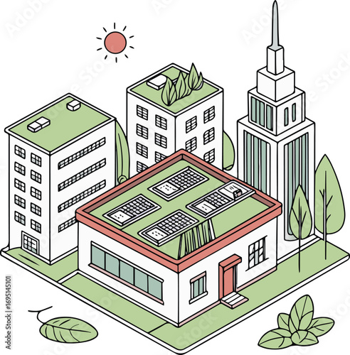 Minimalistic Line Art of Urban City Block with Green Roofs and Eco-Friendly Buildings