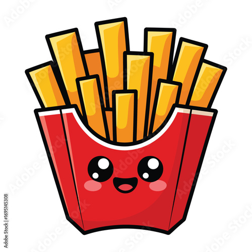 Cute french fries in a red paper box with a happy face cartoon illustration of a popular fast food snack