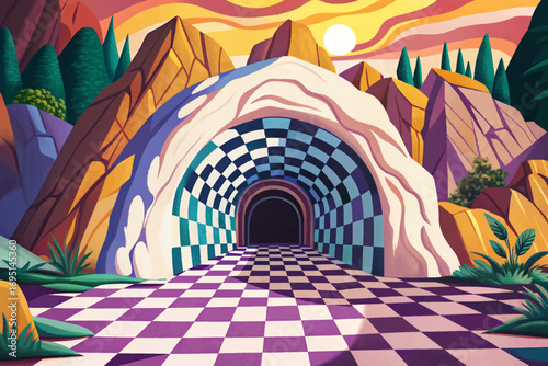 Checkerboard cave entrance with patterned walls, surreal artistic underground natural wonder, geometric design