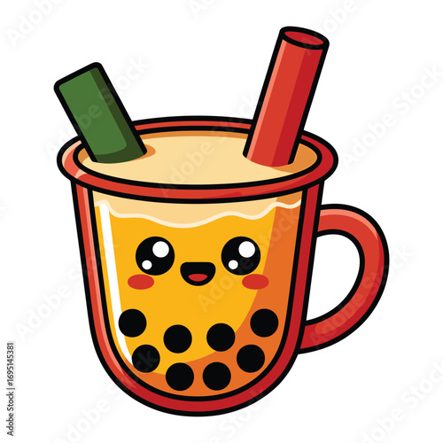Cute bubble tea with a happy face cartoon illustration of a popular drink with tapioca pearls and straws