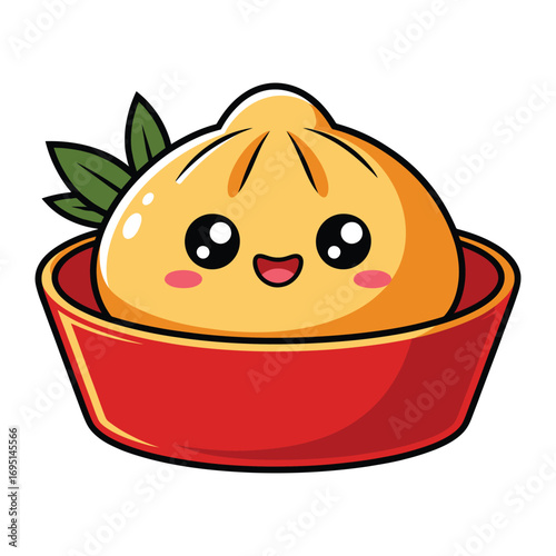 A delightful cartoon illustration of a cute dumpling with a smiling face, nestled in a red bowl and adorned with green leaves
