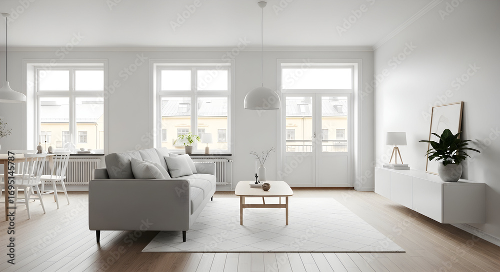 Fototapeta premium Modern And Minimalist Apartment Interior Design Featuring Natural Light And Elegant Furnishings