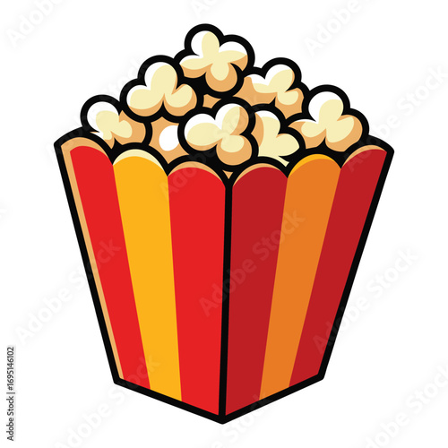 A cartoon popcorn box, , filled with fluffy popcorn, perfect for movie nights, snacks, and entertainment themed designs