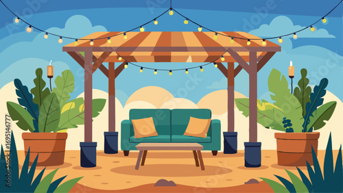 An outdoor pergola with comfortable seating string lights and potted plants creating the perfect spot for relaxation and entertainment.