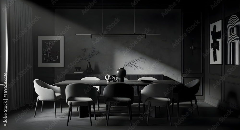 Fototapeta premium Minimalist Dining Space Elegance with Shadow Play and Artistic Accent Touches