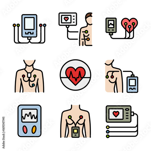 Holter monitoring system tracking cardio problem. Portable Dynamic EKG Recorder. ECG and blood pressure monitoring. Cardiogram Outline Icons Set Isolated on white background. Vector simple illustratio