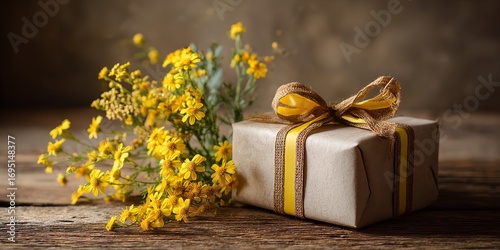 Wrapped gift box with yellow wildflowers and ribbon on rustic wooden table in warm natural light
