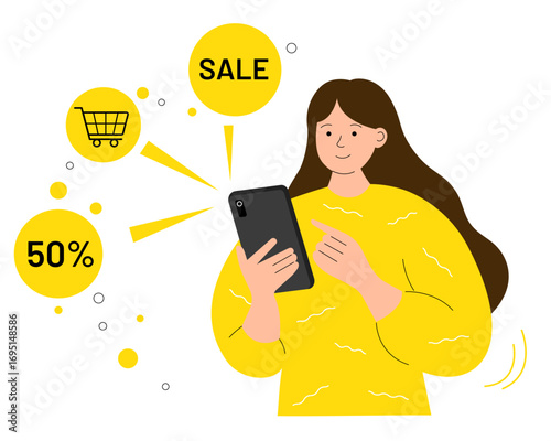 Flat illustration of woman shopping online with smartphone, surrounded by sale, discount, and cart icons. Perfect for ecommerce, digital marketing, promotion, and retail design.
