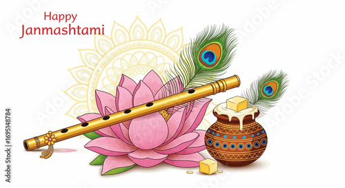 A serene illustration celebrating Janmashtami, featuring a flute, lotus flower, and a pot of butter, symbolizing Lord Krishna's birth