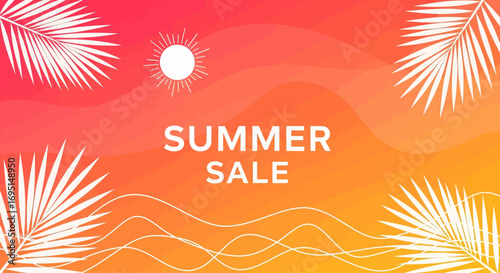 Summer Sale Banner Featuring Tropical Palm Leaves and Sunny Waves for Advertising Promotions