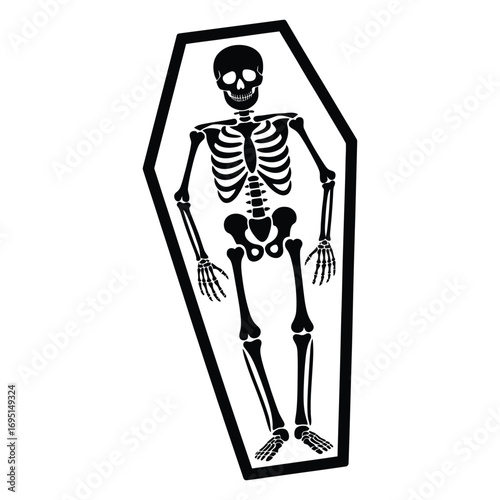 A spooky skeleton lying in a coffin, perfect for halloween decorations, invitations, or themed party designs, adding a touch of eerie fun
