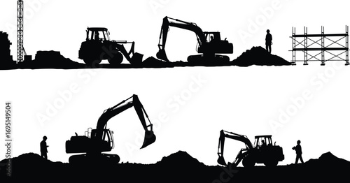 Silhouette of excavators, backhoe loaders, and construction workers at site, digging earth, scaffolding structure, heavy machinery, industrial development scene