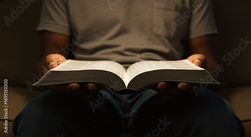 Close of a person reading the Holy Bible, representing Christian faith, devotion, and spirituality
