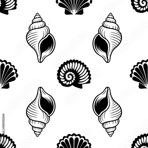 Black and white vector pattern with stylized shells. Ideal for backgrounds, textiles, packaging, and marine themed designs. Repeatable tile design.