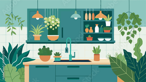 A kitchen with a hanging herb garden above the sink surrounded by lush foliage plants on the countertops.