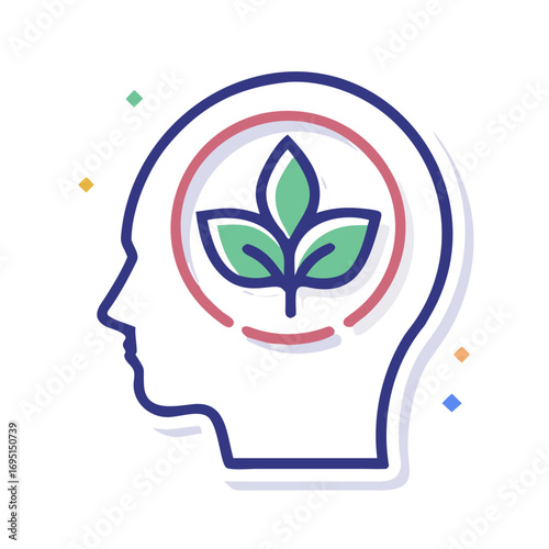 Human Head Icon with Abstract Plant Inside Brain Area Representing Mental Growth